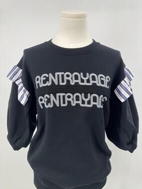 Rentrayage Black Navy Sweatshirt Short Sleeve Ruffle Oversized XS NWT